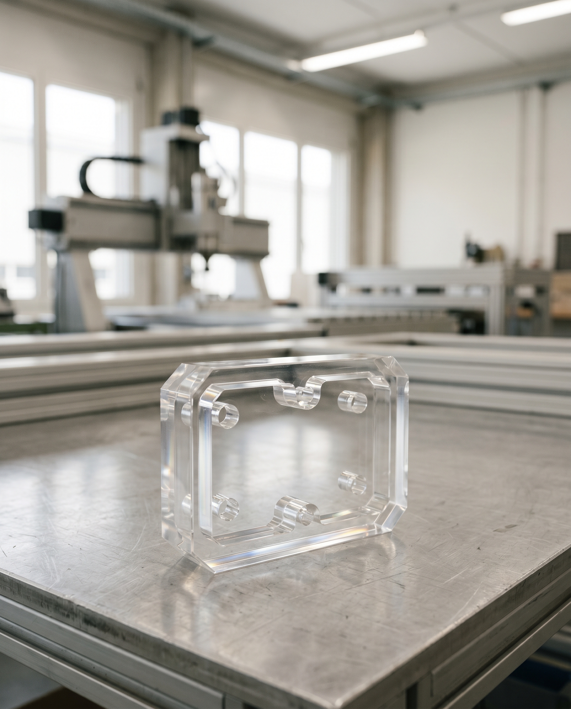 A CNC-machined clear acrylic component on a brushed aluminum table in a VICURAM precision manufacturing workshop