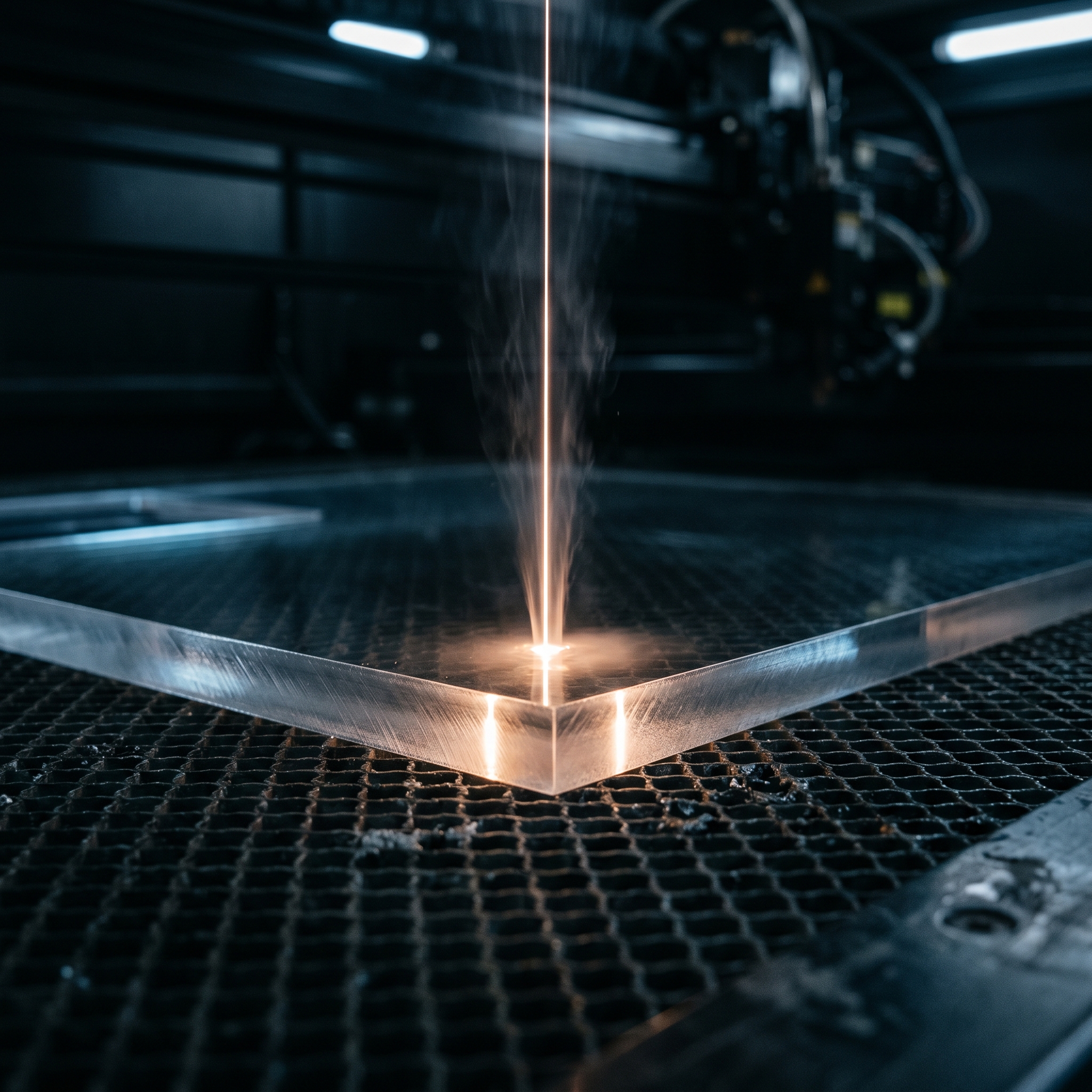 Close-up of an industrial laser cutter precisely cutting clear acrylic