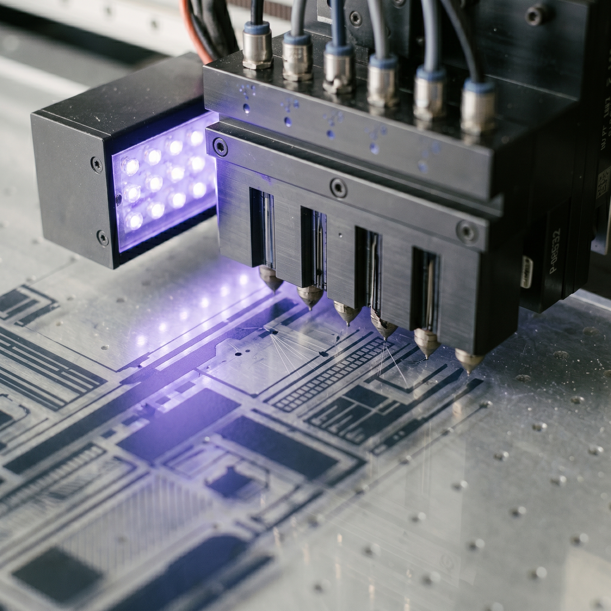 Close-up of a flatbed UV printer depositing precise ink onto clear acrylic
