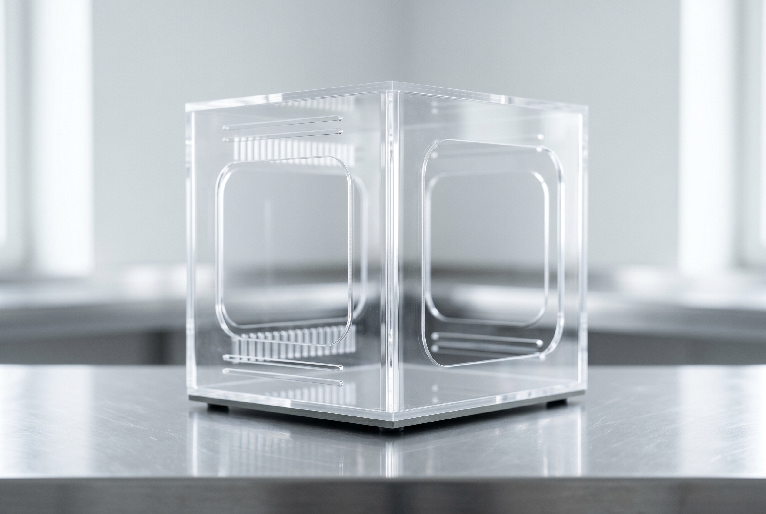 A transparent optical-grade acrylic enclosure with FR4 composite base, photographed on a stainless table