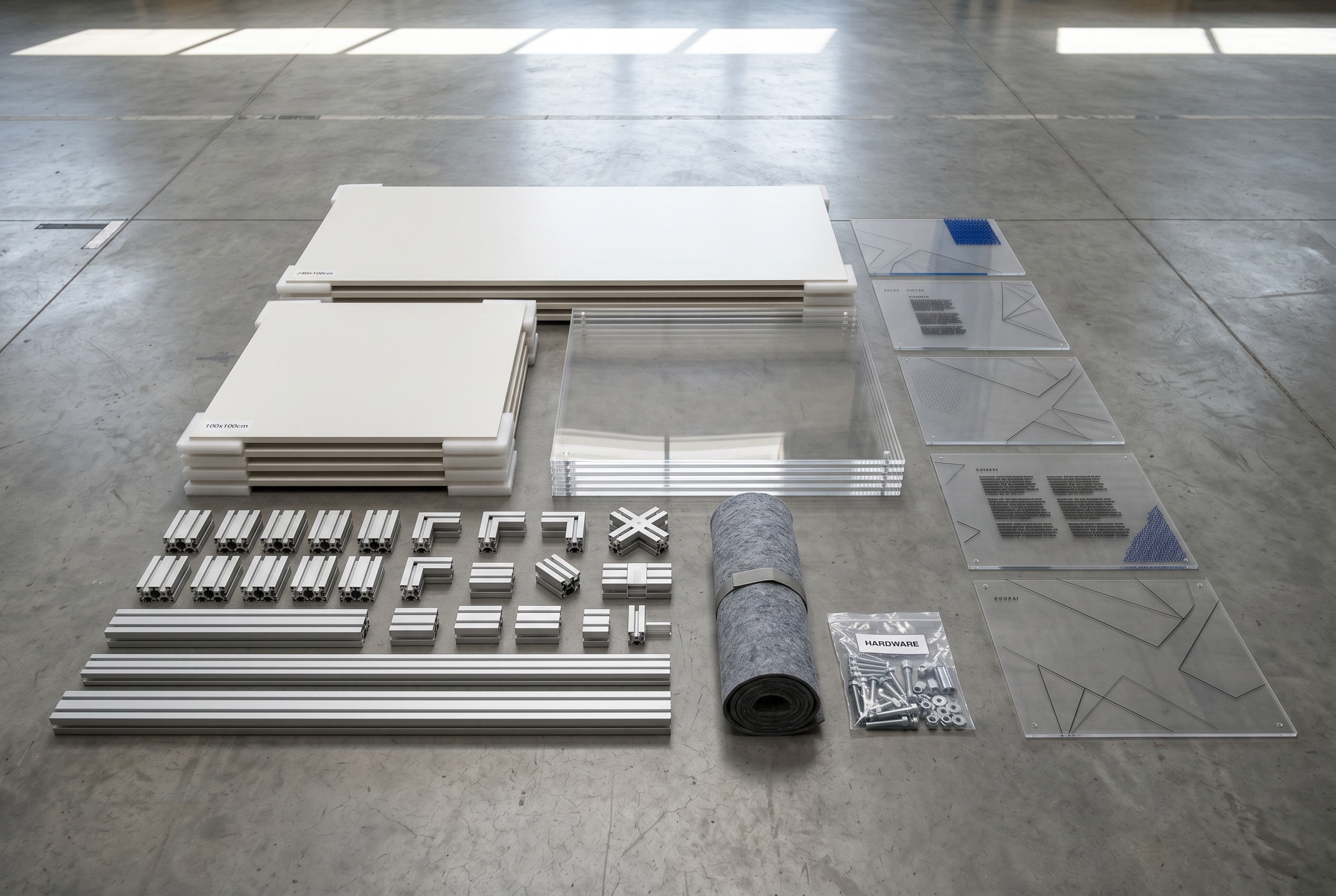 A flat-packed modular exhibition kit of acrylic panels and aluminum extrusions on a concrete workshop floor